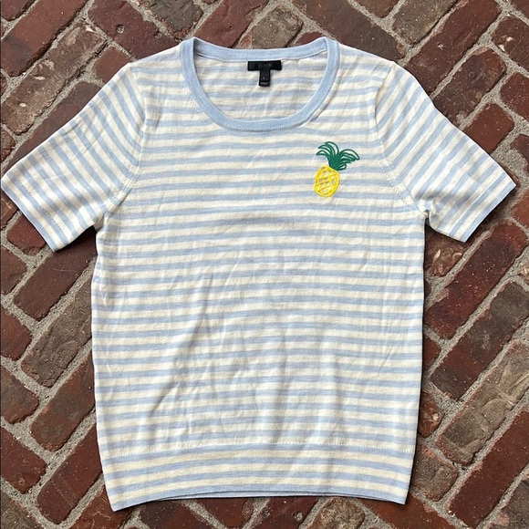 J. Crew 100% Merino Wool Embroidered Pineapple Short Sleeve Striped Top - Picture 1 of 4